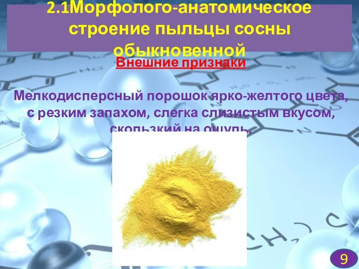 2.1Морфолого-анатомическое строение пыльцы сосны обыкновенной Внешние признаки Мелкодисперсный порошок ярко-желтого цвета, с