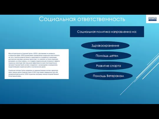 Социальная ответственность Здравоохранение Социальная политика направленна на: Помощь детям Развитие спорта Помощь Ветеранам