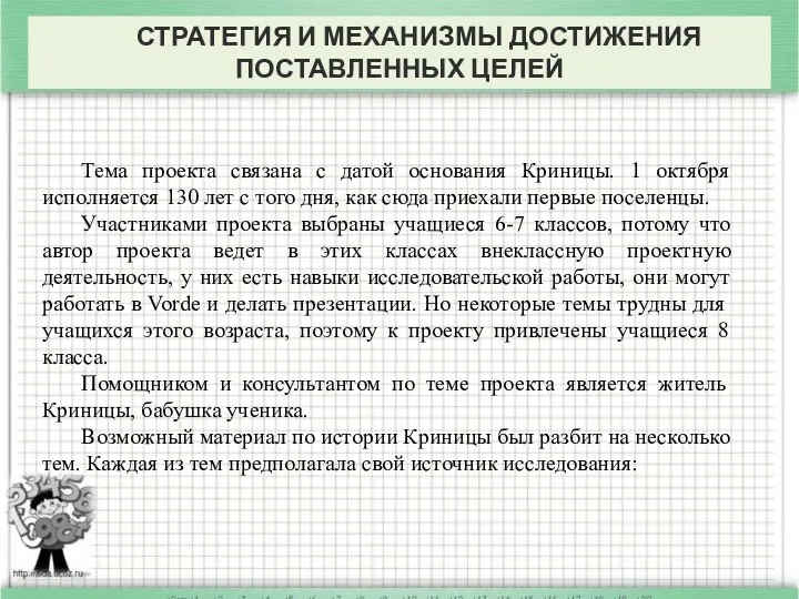 СТРАТЕГИЯ И МЕХАНИЗМЫ ДОСТИЖЕНИЯ ПОСТАВЛЕННЫХ ЦЕЛЕЙ Тема проекта связана с датой основания