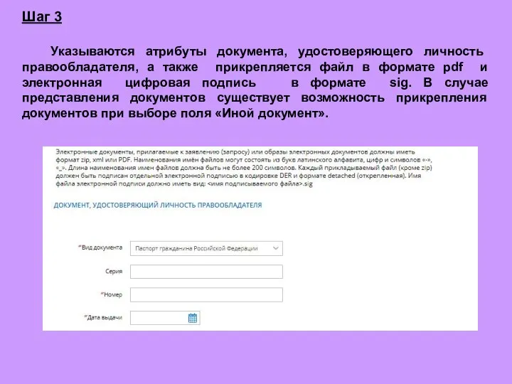 Шаг 3 Указываются атрибуты документа, удостоверяющего личность правообладателя, а также прикрепляется файл