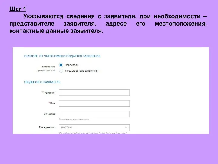 Шаг 1 Указываются сведения о заявителе, при необходимости – представителе заявителя, адресе