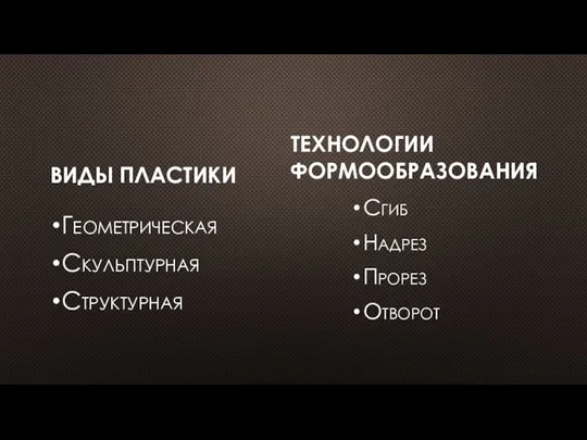 ТЕХНОЛОГИИ ФОРМООБРАЗОВАНИЯ Сгиб Надрез Прорез Отворот ВИДЫ ПЛАСТИКИ Геометрическая Скульптурная Структурная