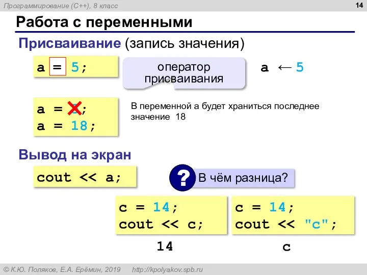 Работа с переменными Присваивание (запись значения) a = 5; = оператор присваивания