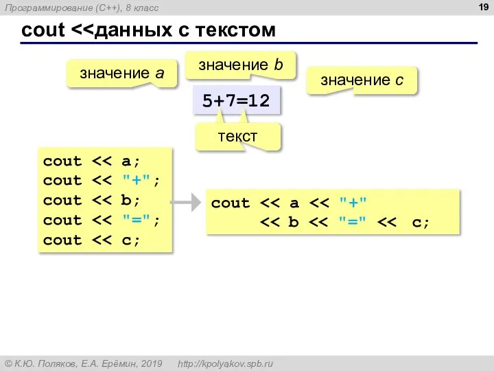 cout 5+7=12 значение a значение с значение b cout cout cout cout cout cout