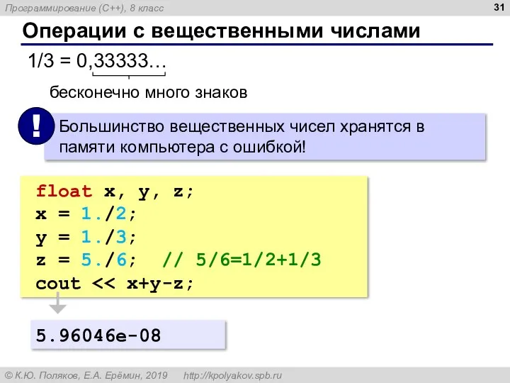 Операции с вещественными числами 1/3 = 0,33333… бесконечно много знаков float x,