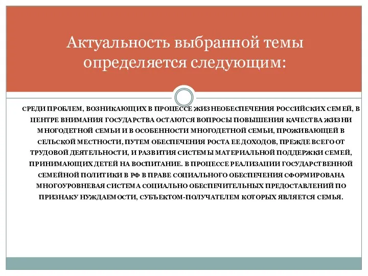 СРЕДИ ПРОБЛЕМ, ВОЗНИКАЮЩИХ В ПРОЦЕССЕ ЖИЗНЕОБЕСПЕЧЕНИЯ РОССИЙСКИХ СЕМЕЙ, В ЦЕНТРЕ ВНИМАНИЯ ГОСУДАРСТВА