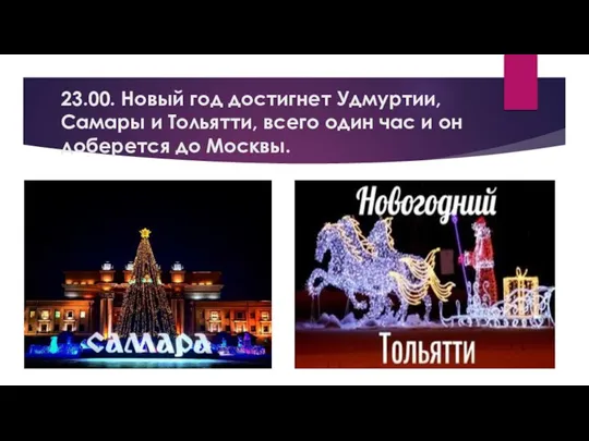 23.00. Новый год достигнет Удмуртии, Самары и Тольятти, всего один час и он доберется до Москвы.