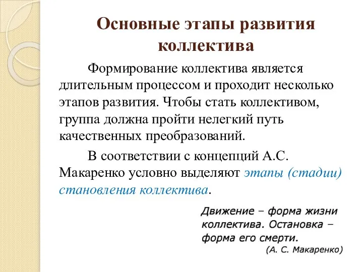 Основные этапы развития коллектива Формирование коллектива является длительным процессом и проходит несколько