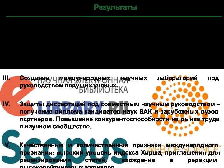 Результаты Совместные публикации в высокорейтинговых журналах, индексируемых в признанных научным сообществом наукометрических