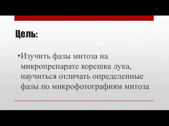 Цель: Изучить фазы митоза на микропрепарате корешка лука, научиться отличать определенные фазы по микрофотографиям митоза