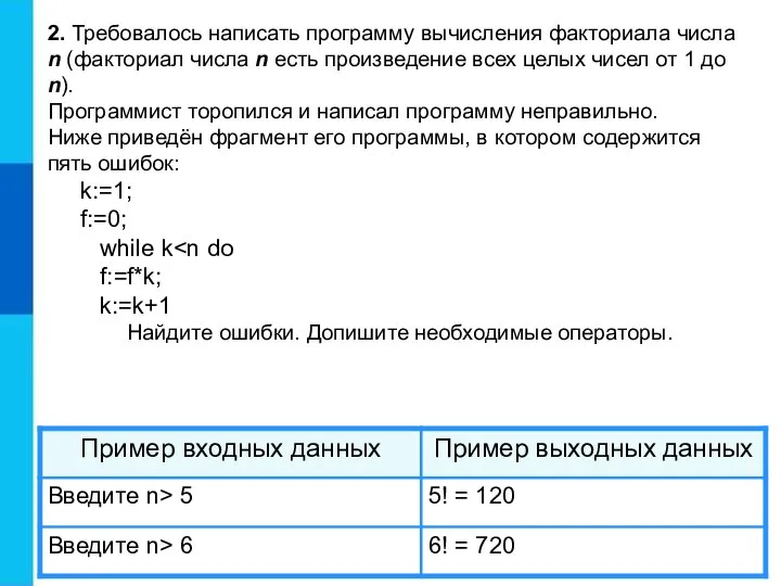 2. Требовалось написать программу вычисления факториала числа n (факториал числа n есть