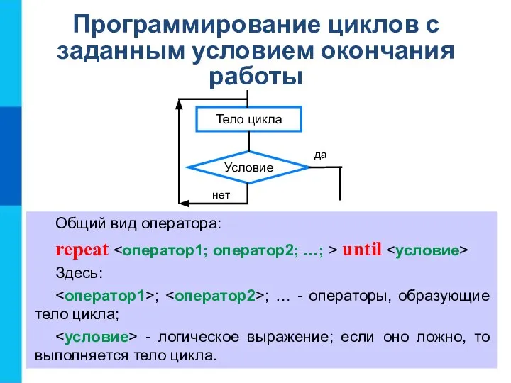 Программирование циклов с заданным условием окончания работы Общий вид оператора: repeat until