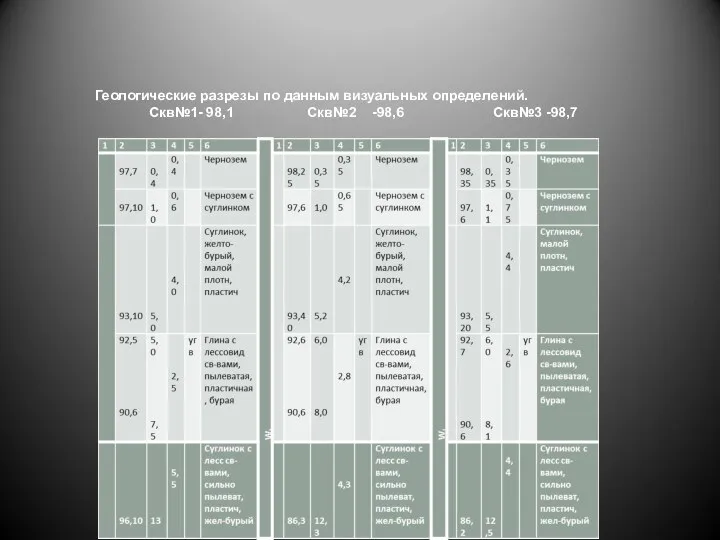 Геологические разрезы по данным визуальных определений. Скв№1- 98,1 Скв№2 -98,6 Скв№3 -98,7