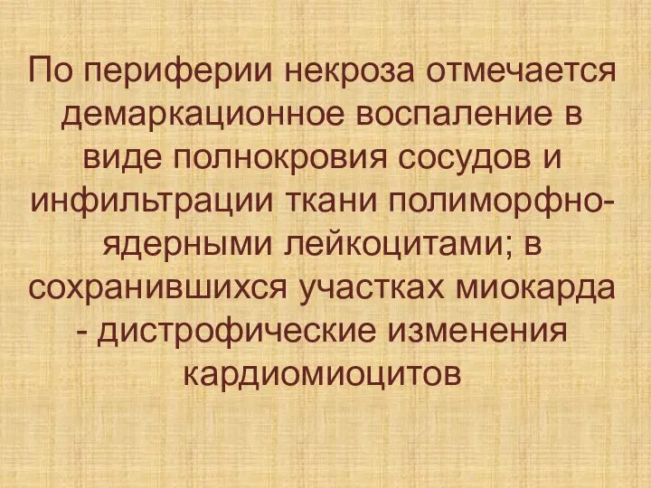 По периферии некроза отмечается демаркационное воспаление в виде полнокровия сосудов и инфильтрации