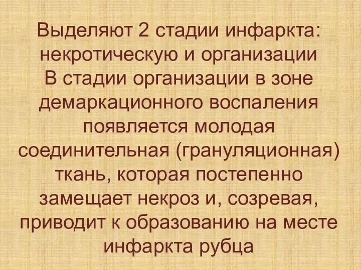 Выделяют 2 стадии инфаркта: некротическую и организации В стадии организации в зоне