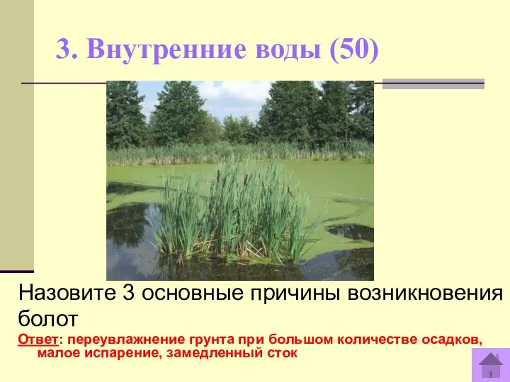 3. Внутренние воды (50) Назовите 3 основные причины возникновения болот Ответ: переувлажнение