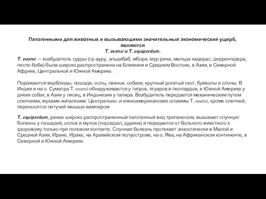 Патогенными для животных и вызывающими значительный экономический ущерб, являются Т. evansi и