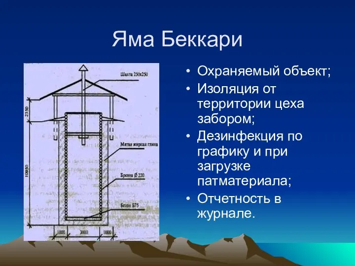 Яма Беккари Охраняемый объект; Изоляция от территории цеха забором; Дезинфекция по графику