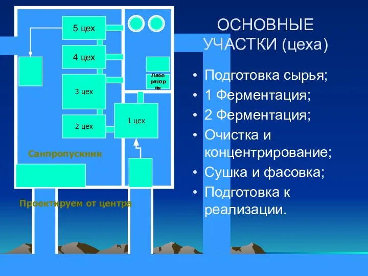 ОСНОВНЫЕ УЧАСТКИ (цеха) Подготовка сырья; 1 Ферментация; 2 Ферментация; Очистка и концентрирование;