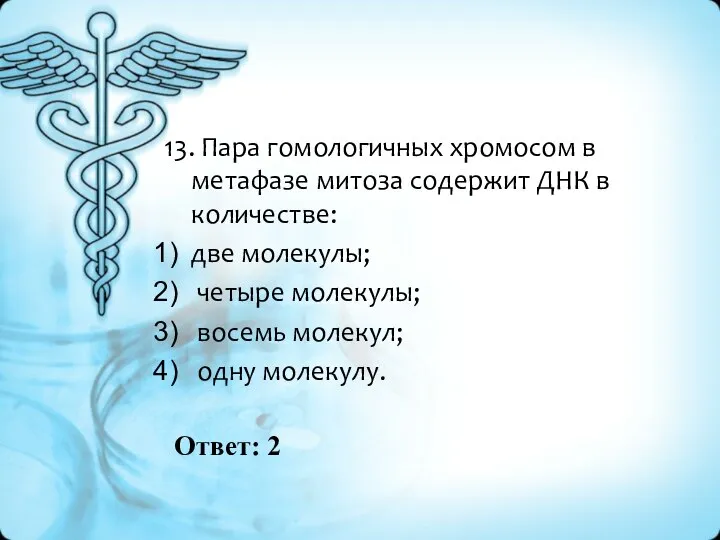 Ответ: 2 13. Пара гомологичных хромосом в метафазе митоза содержит ДНК в