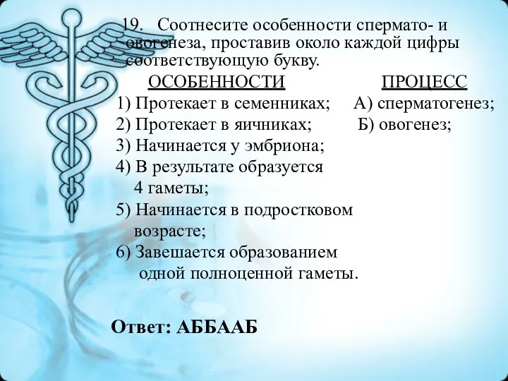 Ответ: АББААБ 19. Соотнесите особенности спермато- и овогенеза, проставив около каждой цифры