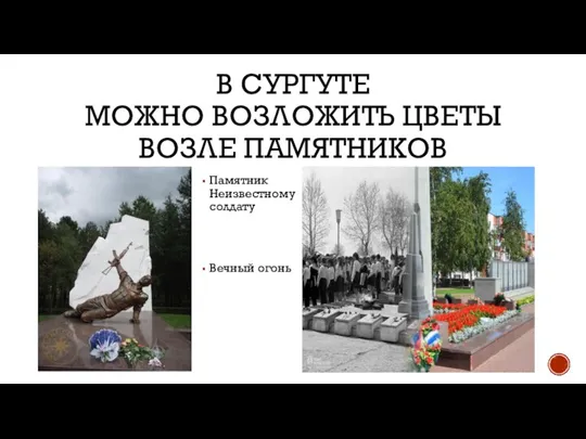 В СУРГУТЕ МОЖНО ВОЗЛОЖИТЬ ЦВЕТЫ ВОЗЛЕ ПАМЯТНИКОВ Памятник Неизвестному солдату Вечный огонь