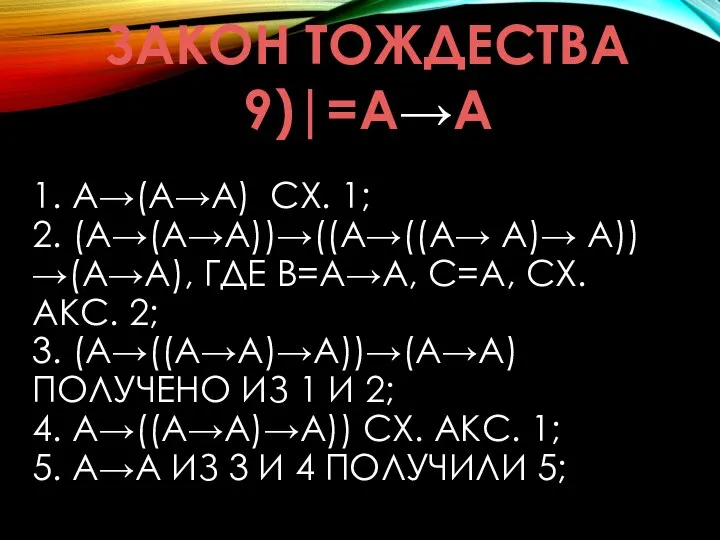 1. A→(A→A) СХ. 1; 2. (A→(A→A))→((A→((A→ A)→ A))→(A→A), ГДЕ B=A→A, C=A, СХ.