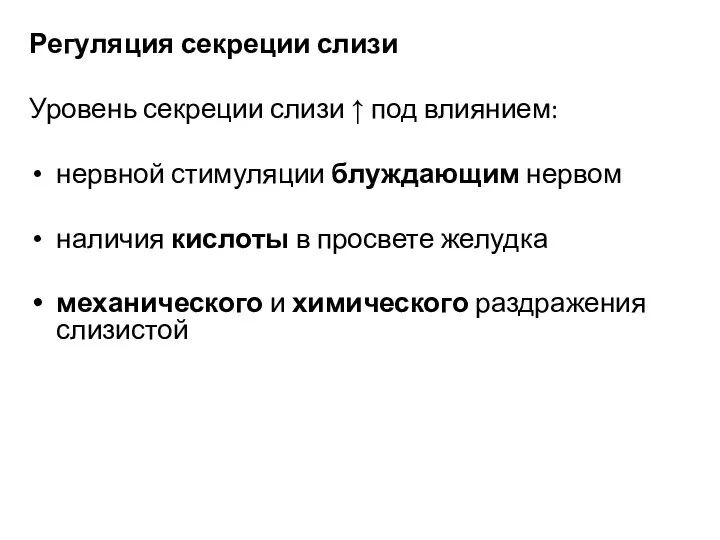 Регуляция секреции слизи Уровень секреции слизи ↑ под влиянием: нервной стимуляции блуждающим