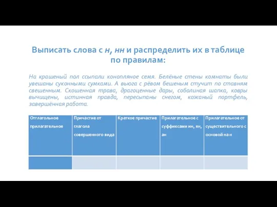 Выписать слова с н, нн и распределить их в таблице по правилам: