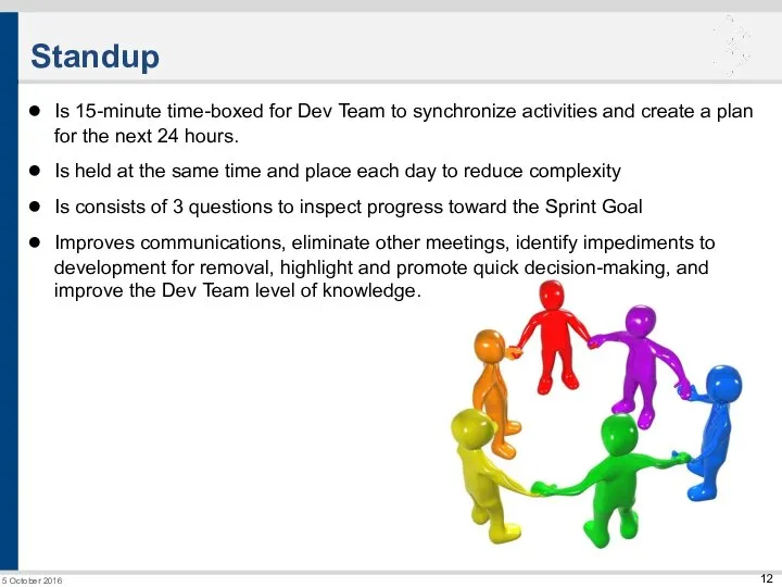 Standup 5 October 2016 Is 15-minute time-boxed for Dev Team to synchronize