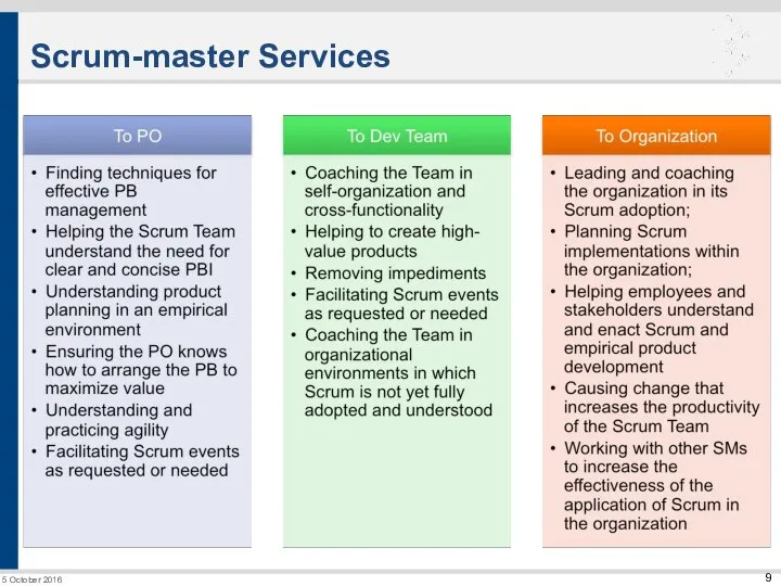 Scrum-master Services 5 October 2016