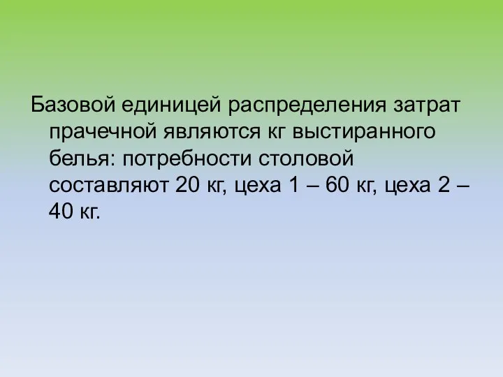 Базовой единицей распределения затрат прачечной являются кг выстиранного белья: потребности столовой составляют