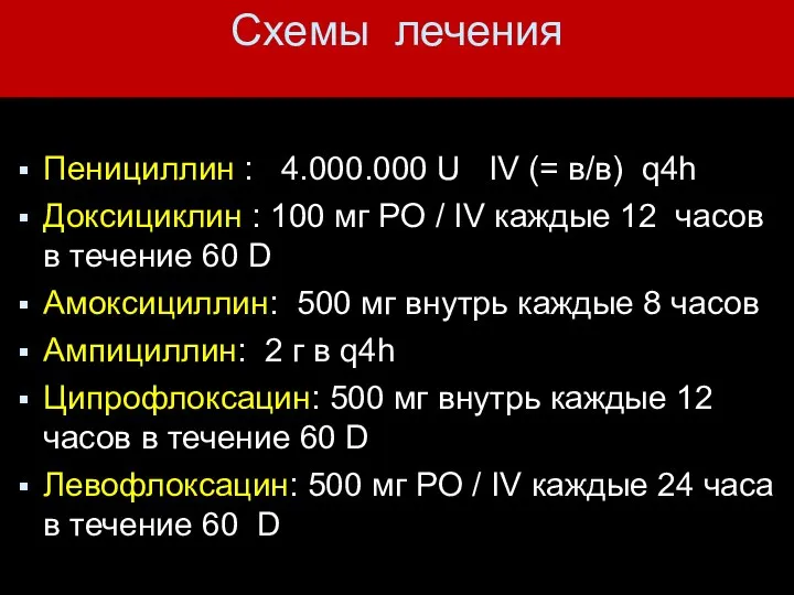 Схемы лечения Пенициллин : 4.000.000 U IV (= в/в) q4h Доксициклин :