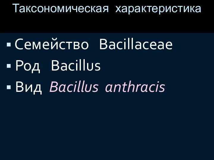 Таксономическая характеристика Семейство Bacillaceae Род Bacillus Вид Bacillus anthracis