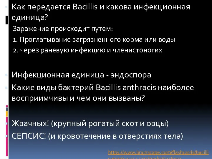 Как передается Bacillis и какова инфекционная единица? Заражение происходит путем: 1. Проглатывание