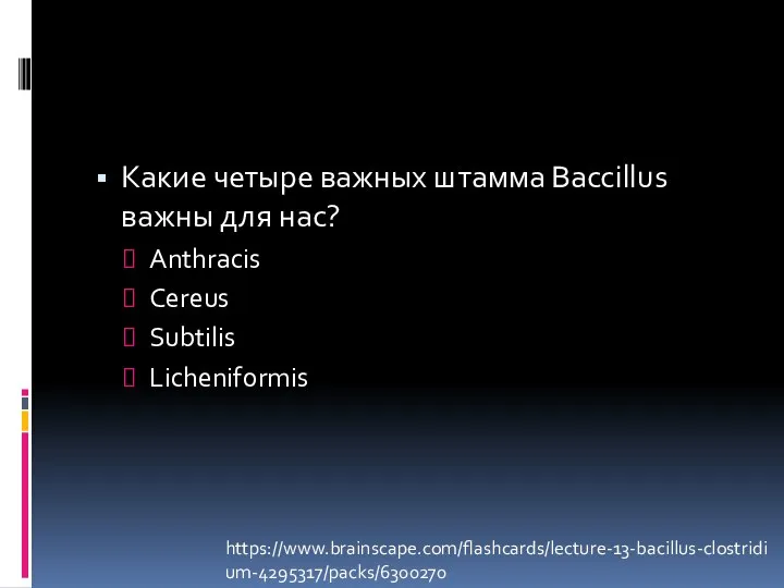 Какие четыре важных штамма Baccillus важны для нас? Anthracis Cereus Subtilis Licheniformis https://www.brainscape.com/flashcards/lecture-13-bacillus-clostridium-4295317/packs/6300270