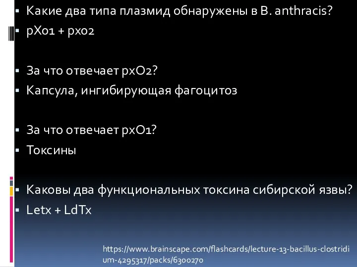 Какие два типа плазмид обнаружены в B. anthracis? pX01 + px02 За