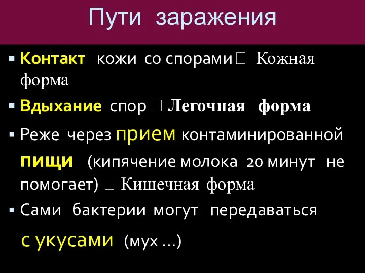 Пути заражения Контакт кожи со спорами ? Кожная форма Вдыхание спор ?