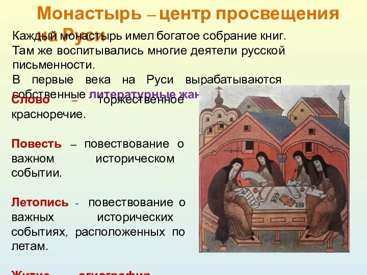Монастырь – центр просвещения на Руси Каждый монастырь имел богатое собрание книг.