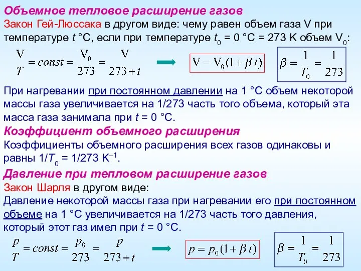 Объемное тепловое расширение газов Закон Гей-Люссака в другом виде: чему равен объем