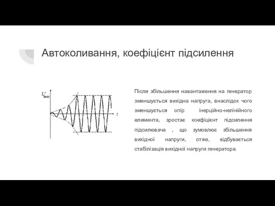 Автоколивання, коефіцієнт підсилення Після збільшення навантаження на генератор зменшується вихідна напруга, внаслідок