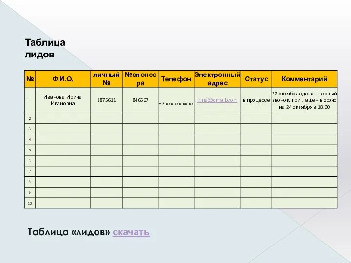 Таблица «лидов» скачать