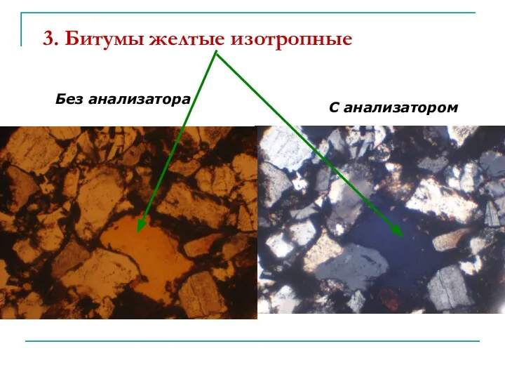 3. Битумы желтые изотропные Без анализатора С анализатором