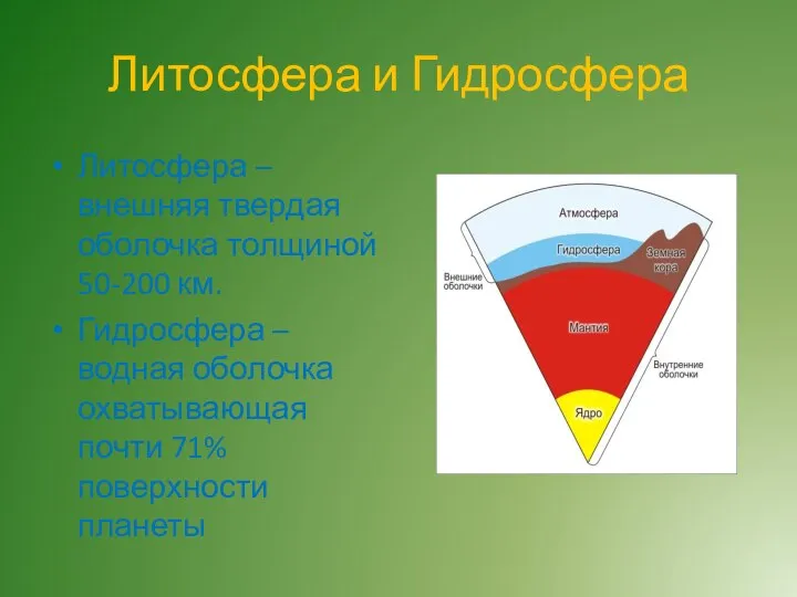 Литосфера и Гидросфера Литосфера – внешняя твердая оболочка толщиной 50-200 км. Гидросфера