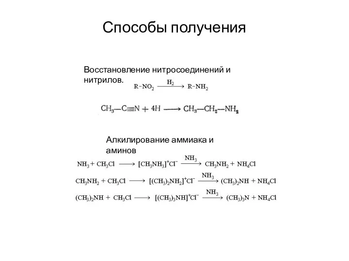 Способы получения Восстановление нитросоединений и нитрилов. Алкилирование аммиака и аминов