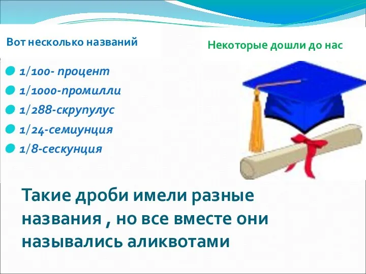 Такие дроби имели разные названия , но все вместе они назывались аликвотами