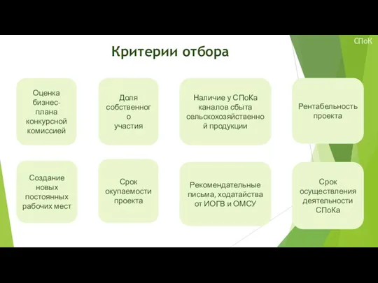 Критерии отбора Доля собственного участия Наличие у СПоКа каналов сбыта сельскохозяйственной продукции