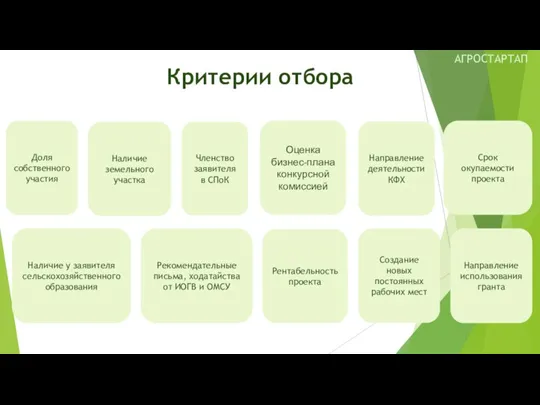 Критерии отбора Доля собственного участия Наличие земельного участка Направление использования гранта Направление