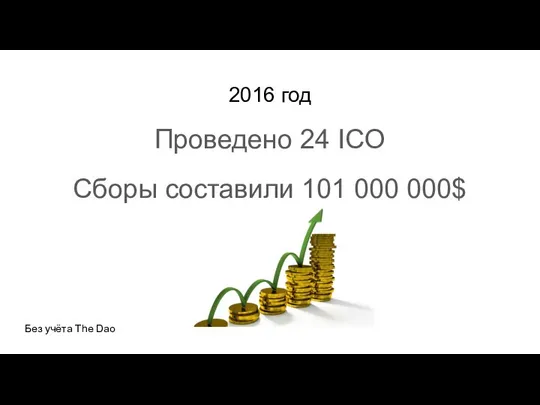 2016 год Проведено 24 ICO Сборы составили 101 000 000$ Без учёта The Dao