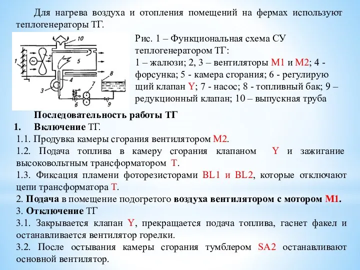 Для нагрева воздуха и отопления помещений на фермах ис­пользуют теплогенераторы ТГ. Рис.